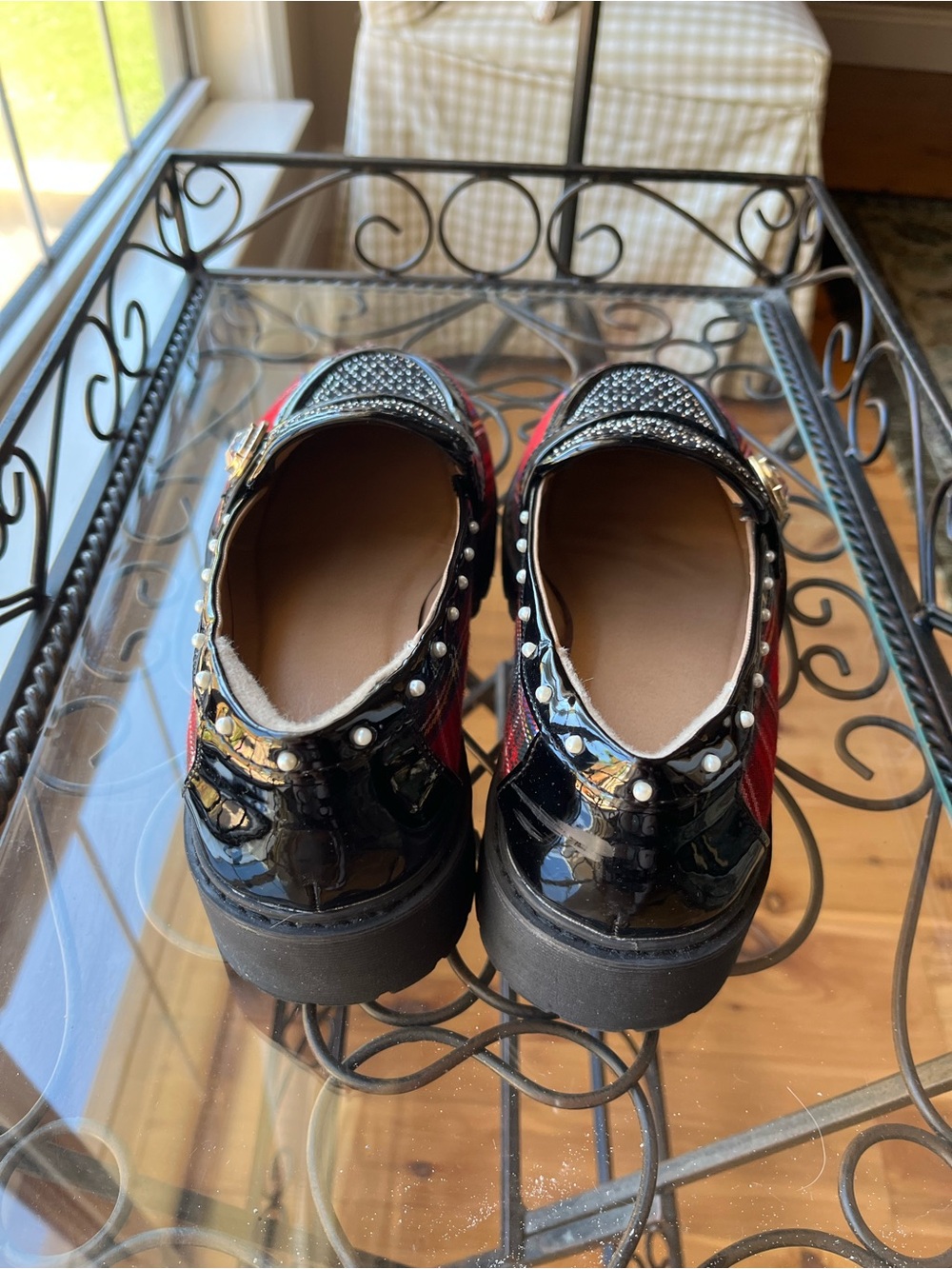 Betsey Johnson Black Patent & Red Plaid Loafers with Stud Detail - Picture 3 of 5